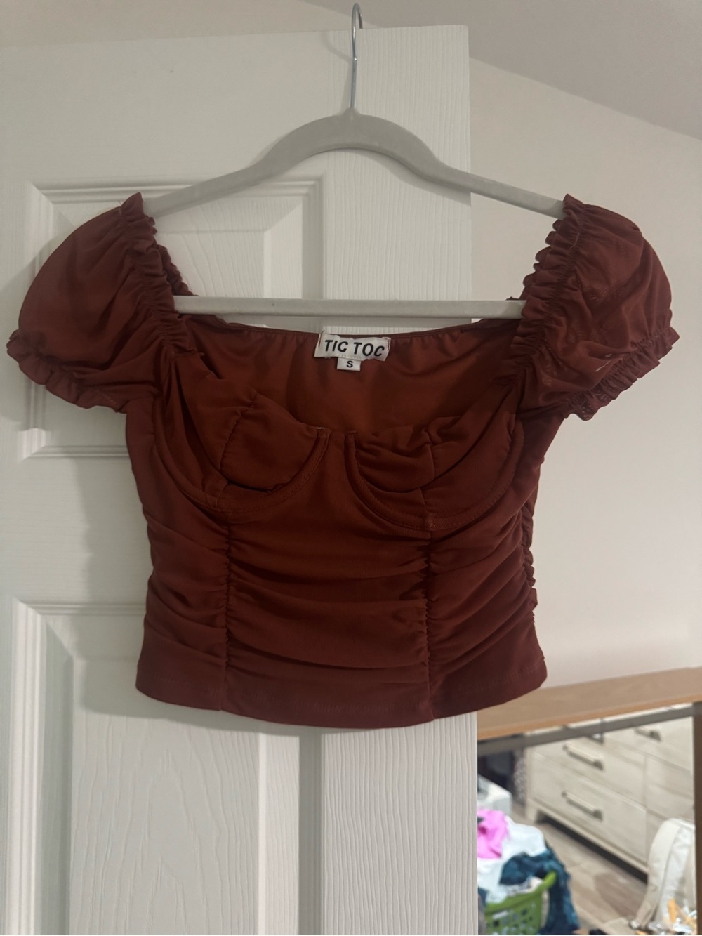 Tic Toc Rust Brown Puff Sleeve Cropped Sweetheart Top